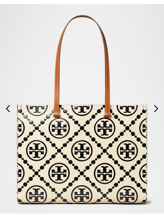 Tory Burch Handbags - New! Tory Burch T Monogram Embossed Contrast Cream & Black Logo Leather Tote Bag